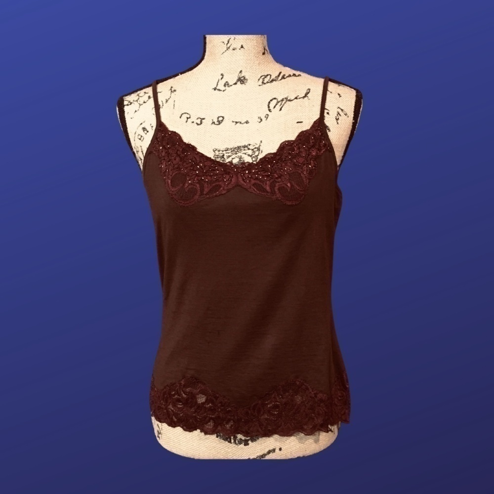LXRI Silk Blend STRETCH CAMISOLE w/Lace Beading, DARK BROWN, Size L, NWOT